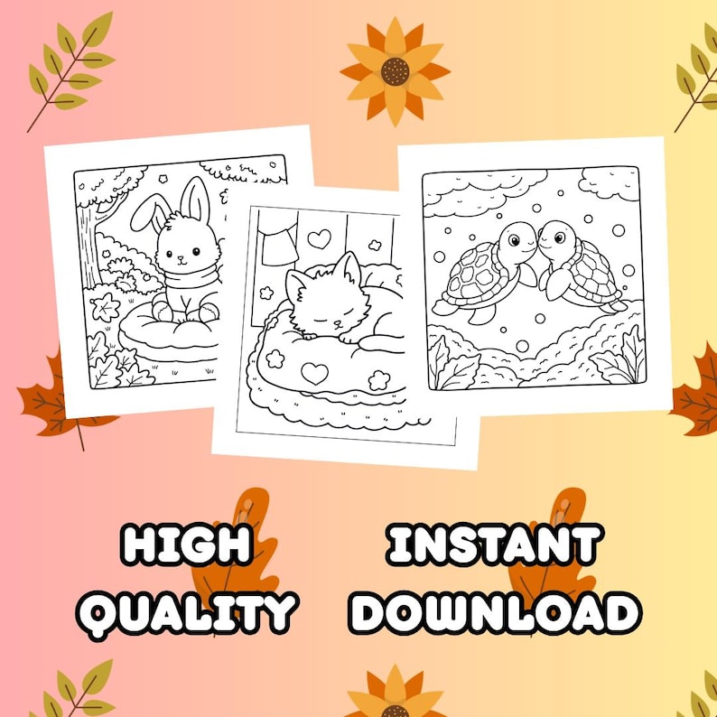 Pu&ograve; includere: Tre pagine da colorare in bianco e nero con un coniglietto, un gatto che dorme e due tartarughe. Le parole "HIGH QUALITY" e "INSTANT DOWNLOAD" sono visualizzate nella parte inferiore dell'immagine. Lo sfondo &egrave; una sfumatura di arancione e giallo.