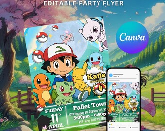 Schattige babyverjaardagskaart met dierenthema, sjabloon voor een anime-feestuitnodiging, bewerkbare digitale uitnodiging voor Canva, printbare feestkaart