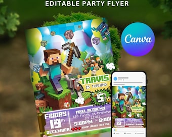 Schattige babyliefde pixelblokken, game-avontuur, pixelgame-wereld, blokkenfeest verjaardagsuitnodiging, bewerkbare Canva-uitnodiging, digitale download
