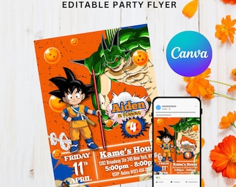 Schattige baby liefde draak vechtsport anime verjaardagskaart sjabloon digitale kinderfeest printbare Canva download oranje vechtthema