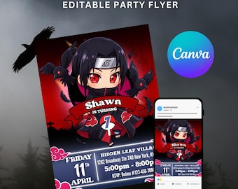 Schattige baby-verjaardagskaart met ninja-animethema | Digitale kinderfeestsjabloon, printbaar en bewerkbaar in Canva | Direct te downloaden (rood)