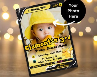 Convite de aniversário Pokémon editável com tema Pikachu | Download instantâneo, personalizável no Canva | Convite digital para festa infantil