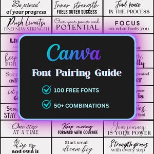 Peut inclure: Un graphique Canva avec un fond noir et une bordure rose et bleue. Le graphique présente un guide d'association de polices avec 100 polices gratuites et plus de 50 combinaisons. Le graphique comprend également des citations inspirantes telles que "Soyez fier de vos progrès", "La force intérieure alimente le succès extérieur", "Prenez possession de votre pouvoir et de votre potentiel", "Trouvez la paix dans le processus", "Concentrez-vous sur ce qui vous nourrit", "Continuez d'avancer avec courage", "Commencez petit, rêvez grand", "Un pas à la fois", "Levez-vous et prenez possession", "Votre voyage est votre pouvoir", et "La force grandit à chaque pas".