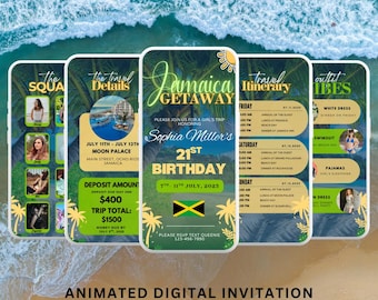 Modelo de roteiro de viagem de aniversário para a Jamaica | Download do Canva Digital para escapadelas de meninas | Planejamento de férias no Caribe | Guia de viagem editável RSVP