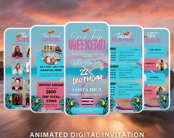 Modelo de Roteiro de Viagem de Aniversário | Download Digital Editável do Canva para Viagens de Meninas, Costa Rica, Férias no Caribe, Praia