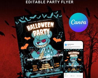 Schattige baby liefde teddybeer Halloween verjaardagsuitnodiging kinderkostuum feest afdrukbare bewerkbare canvassjabloon jongens en meisjes, spookachtig thema, digitaal