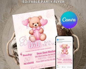 Modelo de convite para chá de bebê de menina fofo para imprimir, tema urso rosa, convite para chá de bebê em tons pastéis, PDF editável do Canva, download instantâneo