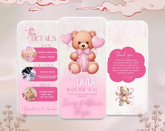 Convite em vídeo fofo para chá de bebê em tons pastel rosa, modelo digital Canva com tema de urso animado, convite para chá de bebê de menina, RSVP e detalhes do evento