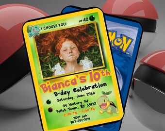 Bewerkbare uitnodiging Pokémon-verjaardagskaart – grassoort | Direct downloaden, aanpasbaar in canva | Digitale afdrukbare feestuitnodiging voor kinderen