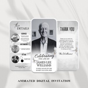 Anúncio de funeral em comemoração à vida - Cartão memorial digital em preto e branco, modelo minimalista de anúncio de falecimento com convite Dove