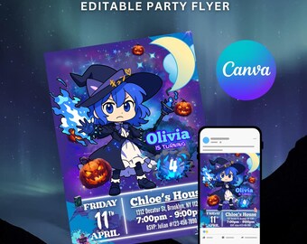 Leuke heks verjaardagskaart, magische Halloween anime meisje digitale uitnodiging sjabloon, bewerkbaar Canva feest printbaar, griezelig, vier de liefde voor de baby