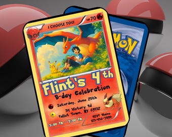 Convite de aniversário Pokémon editável, tipo Fogo, download instantâneo, personalizável no Canva, convite digital para festa infantil com Pikachu.