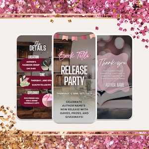 May include: Three smartphone screens showing event information. The first screen details the location, time, and giveaway. The second screen announces a "Release Party" with the date. The third screen says "Thank you" and includes "Author Name".