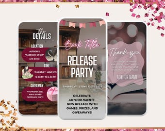 Modelo de vídeo para convite de lançamento de livro, design editável no Canva para festa de lançamento, download digital promocional para autores, Bookstagram e vídeo para eventos.