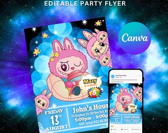 Leuke uitnodiging voor een babyverjaardagsfeestje met een monstertje als thema, bewerkbare digitale uitnodigingssjabloon, speels kinderfeestthema, printbare Canva-feestflyer
