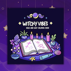 May include: A coloring book cover with the text "Witchy Vibes" and "Bold and Easy Coloring Book." The illustration features an open book with star shapes, candles, plants, and other mystical elements, all set against a dark purple background.