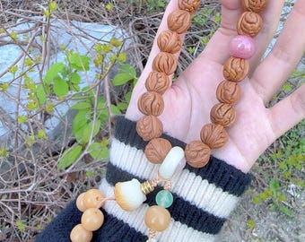 Dragon Carved Walnut Handheld with Jade Bead