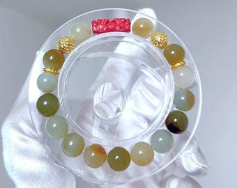 Amber-Hued Sugar Nephrite Bracelet with Cinnabar Pixiu - Handcrafted Luxury Jewelry