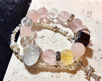 Double Layer Rose Quartz Bracelet | Citrine, Clear Quartz & Black Obsidian | Handmade Crystal Jewelry