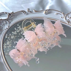 Pink Butterfly Hair Claw Clip – Sheer Chiffon Wings with Dangling Crystals and Rhinestone Accents