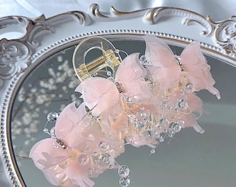 Pink Butterfly Hair Claw Clip – Sheer Chiffon Wings with Dangling Crystals and Rhinestone Accents
