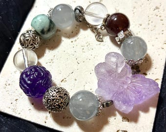 Butterfly Charm Bracelet: Rabbit Hair Quartz, Amber, Jade Crystal Mix