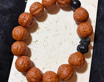 Walnut Handheld Beads | Black Nephrite Jade Accent | Handmade Prayer Beads
