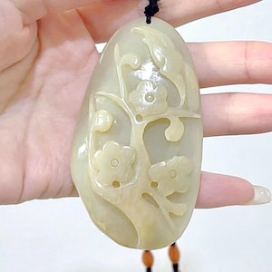 Hand-Carved Nephrite Jade Flower & Tree Pendant – Natural Stone with Original Veins