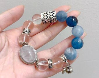 Island Aquamarine Bracelet: Clear Quartz & White Phantom Bead - Ocean Jewelry