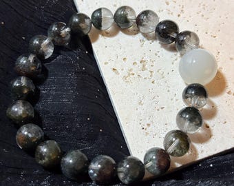 Green Phantom Quartz Bracelet | Moonstone Accent Bead | Handmade Crystal Jewelry