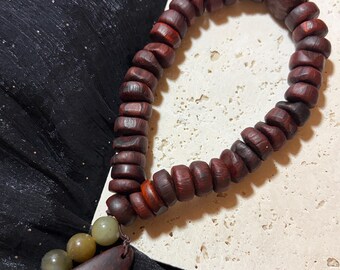 Red Sandalwood Handheld Beads | Nephrite Jade Accent | Handmade Wooden Prayer Beads