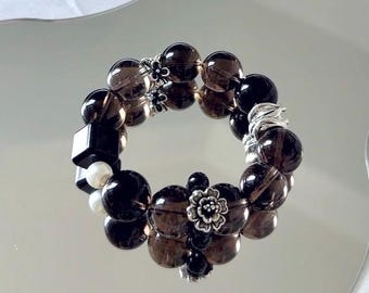 Handmade Smoky Quartz Bracelet: Grounding Crystal Jewelry with Floral Charms