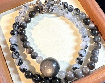 Black Rutilated Quartz & Silver Sheen Obsidian Double-Wrap Bracelet