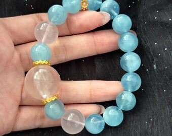 Aquamarine & Rose Quartz Bracelet | Natural Crystal Beaded Bracelet | Handmade Gemstone Jewelry