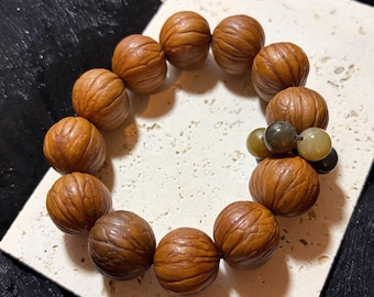 Monkey Head Walnut Handheld Beads | Nephrite Jade Accent | Handmade Prayer Beads