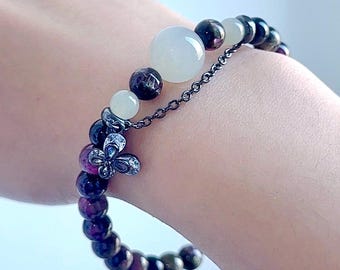 Pulsera de turmalina OJO DE TIGRE y jade blanco: elegancia natural con detalle de cadena negra