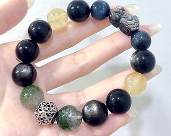 Pulsera de hombre con piedra de brillo plateado: citrino, cuarzo fantasma y ojo de tigre azul