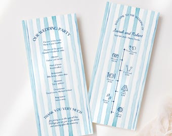 Watercolor Wedding Program Template, Coastal Wedding Day Timeline, Order Of Service, Nautical Wedding Program, Blue Striped Wedding Program