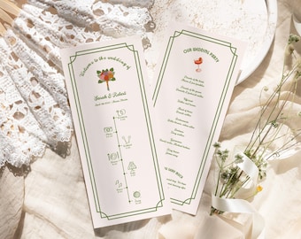Retro Wedding Program Template, Hand Drawn Wedding Day Timeline, Order Of Service, Colorful Wedding Program, Printable Wedding Timeline