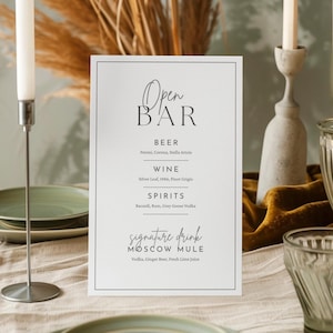 Modern Wedding Bar Menu Sign Template, Editable Open Bar Sign, Cocktail Sign Template, Drink Menu Sign, Easy Edit in Canva, Signature Drinks