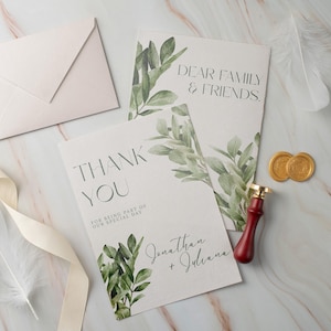 Greenery Dankeskarten-Vorlage, Greenery-Hochzeits-Briefpapier, doppelseitige Dankeskarten, bearbeitbare Dankeskarte, Postkarte Danke
