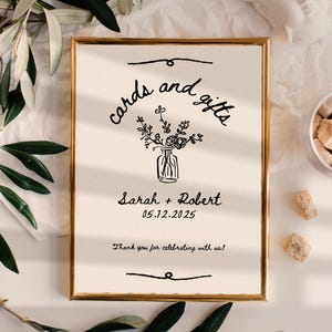 Placa de cartões e presentes vintage, modelo de placa de cartões e presentes desenhados à mão, placa de mesa para presentes de casamento, placa de casamento vintage, modelo editável