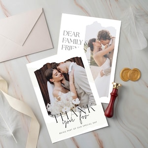 Hochzeit Dankeskarten mit Foto, Moderne Dankeskarten Vorlage, Postkarte Danke, Bearbeitbare Dankeschön Notizen, Hochzeit Briefpapier, Canva