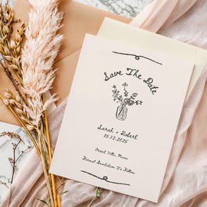 Modèle de cartes Save The Date vintage, faire-part de mariage floral vintage, réservez les dates uniques, invitations numériques, dessinés à la main réservez les dates