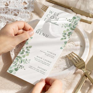 Eucalyptus Wedding Menu Cards Template, Greenery Wedding Dinner Menu Cards, Place Cards Menu, Printable Event Menu Card, Custom Wedding Menu