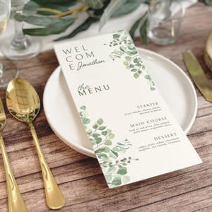 Eucalyptus Wedding Menu Cards Template, Greenery Wedding Dinner Menu Cards, Place Cards Menu, Printable Event Menu Card, Custom Wedding Menu