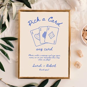 Vintage Hochzeitsspielkarten Schild Vorlage, Handgezeichnete Hochzeit Pick A Card Zeichen, Hochzeitsgästebuch Schild, Blaue Farbe Pick A Card Beliebige Karte