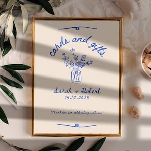 Placa de cartões e presentes vintage, modelo de placa de cartões e presentes desenhados à mão, placa de mesa para presentes de casamento, sinalização de casamento retrô, modelo editável