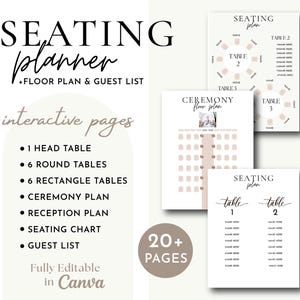 Peut inclure: Un planificateur de plan de table de mariage imprimable avec plus de 20 pages. Le planificateur comprend un plan d'étage, une liste d'invités, un plan de table et des plans de cérémonie et de réception. Le planificateur est entièrement modifiable dans Canva.