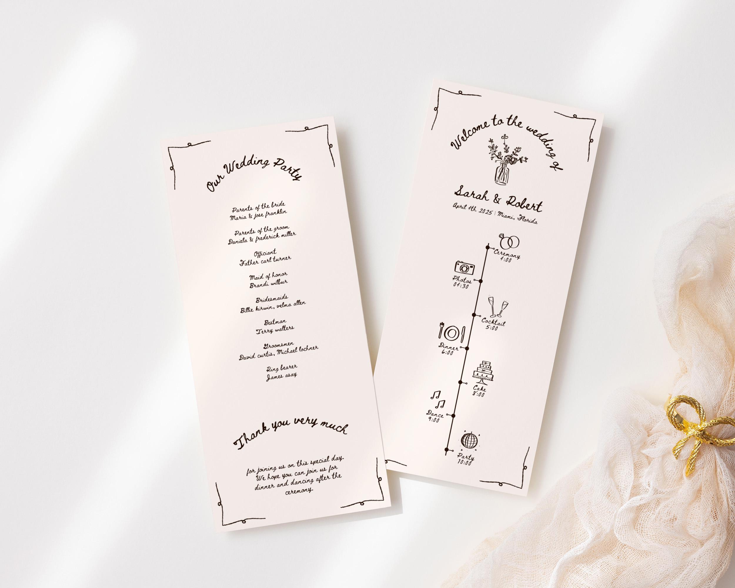 Vintage Wedding Timeline Template, Hand Drawn Wedding Program, Whimsical Wedding Itinerary, Order Of Service, Printable Wedding Day Timeline